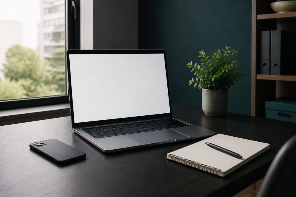 Contacto: escritorio con portátil y notas