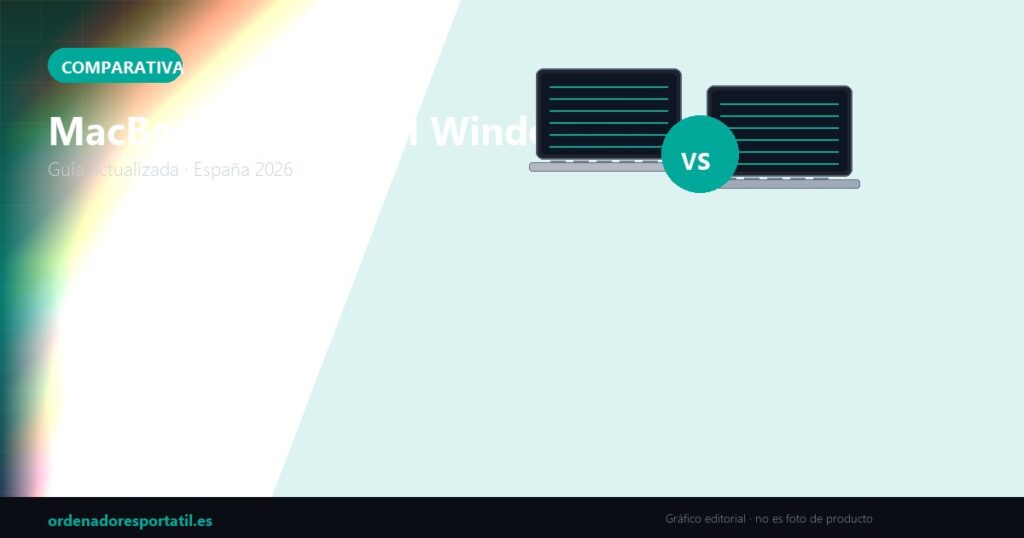 MacBook vs portatil Windows 2026 — imagen destacada (gráfico editorial, no es foto de producto)