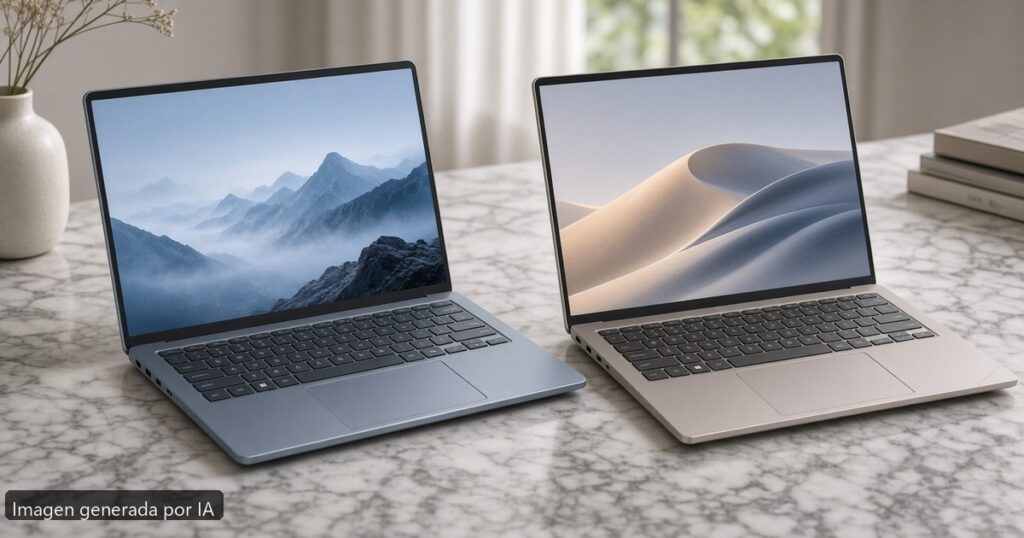 Acer Swift vs ASUS Zenbook — escena fotográfica realista, imagen generada por IA