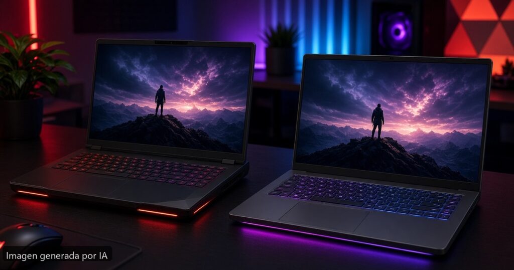 ASUS ROG vs MSI gaming 2026 — escena fotográfica realista, imagen generada por IA