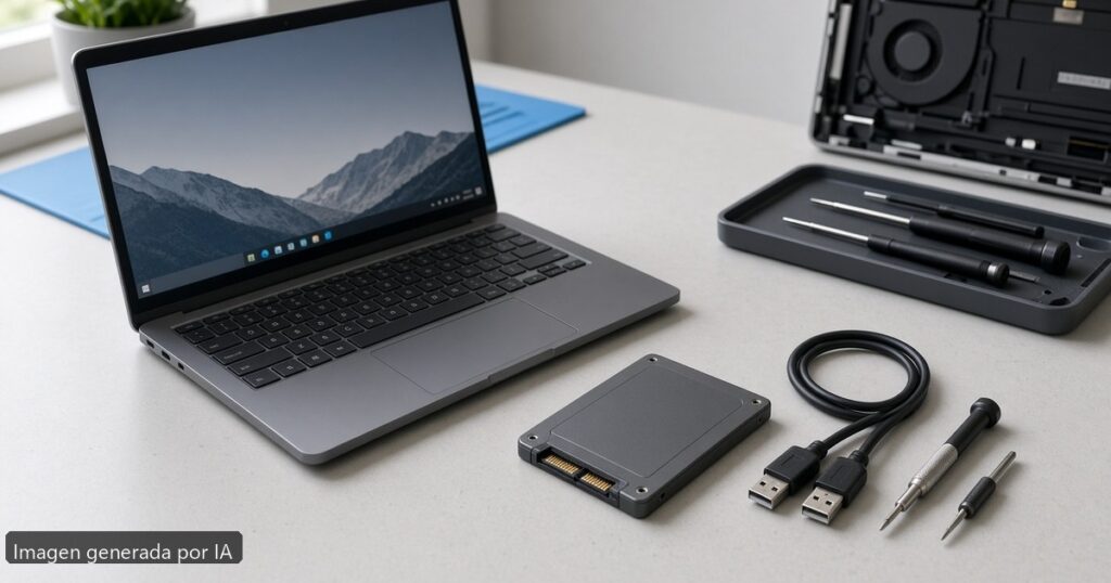 Cambiar SSD portátil clonar Windows — escena fotográfica realista, imagen generada por IA
