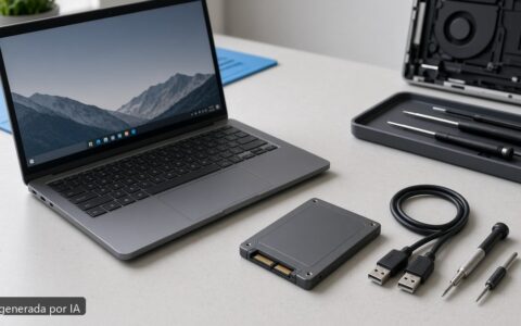 Cambiar SSD portátil clonar Windows — escena fotográfica realista, imagen generada por IA
