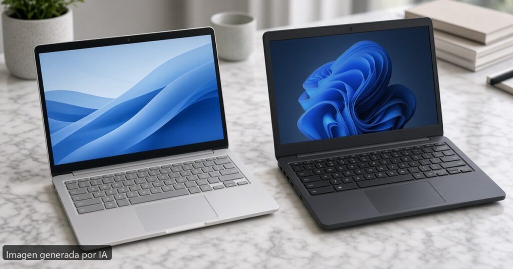 Chromebook Plus vs Windows barato — escena fotográfica realista, imagen generada por IA