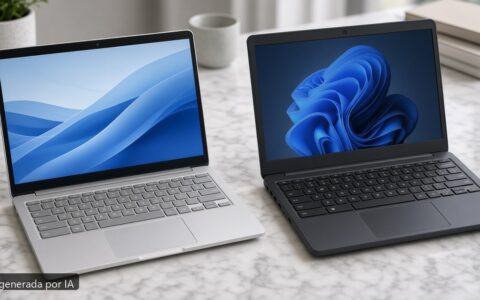 Chromebook Plus vs Windows barato — escena fotográfica realista, imagen generada por IA