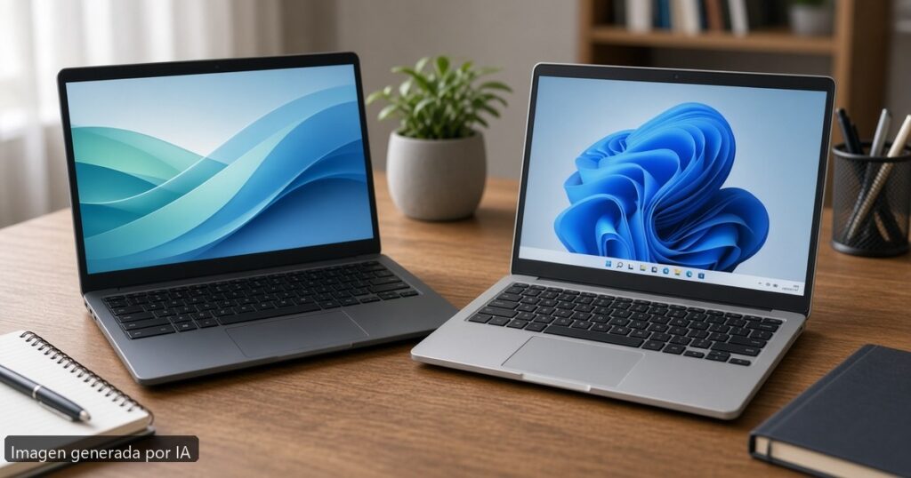Chromebook vs Windows estudiantes — escena fotográfica realista, imagen generada por IA