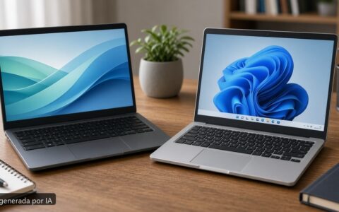 Chromebook vs Windows estudiantes — escena fotográfica realista, imagen generada por IA