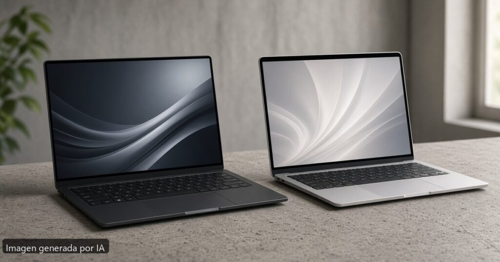 Dell XPS vs MacBook Air 2026 — escena fotográfica realista, imagen generada por IA