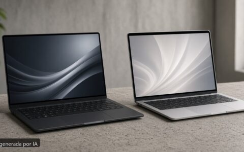 Dell XPS vs MacBook Air 2026 — escena fotográfica realista, imagen generada por IA