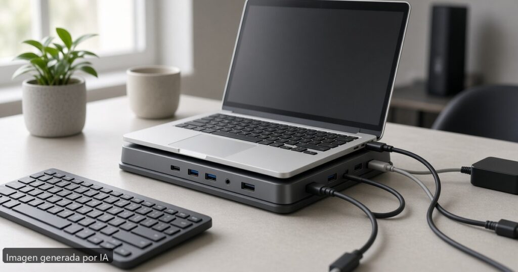 Dock station portátil guía compra — escena fotográfica realista, imagen generada por IA