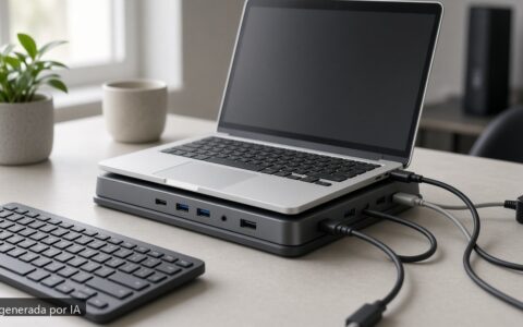 Dock station portátil guía compra — escena fotográfica realista, imagen generada por IA