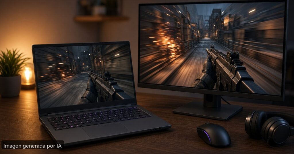 144 vs 165 Hz portátil gaming — escena fotográfica realista, imagen generada por IA