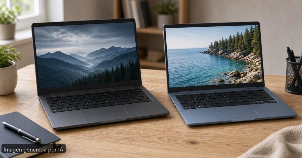 Lenovo IdeaPad vs ASUS Vivobook 2026 — escena fotográfica realista, imagen generada por IA