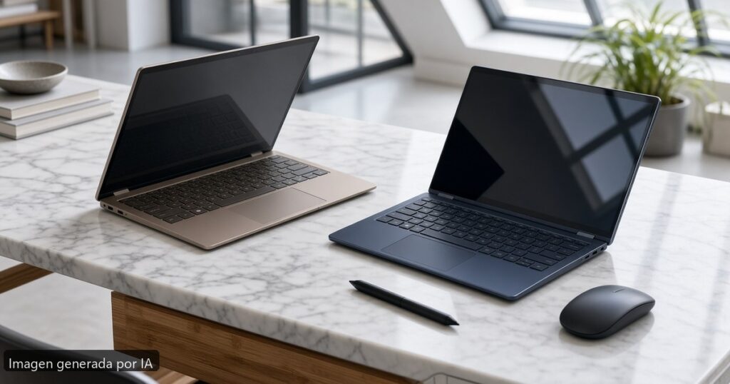 Lenovo Yoga vs HP Spectre 2026 — escena fotográfica realista, imagen generada por IA