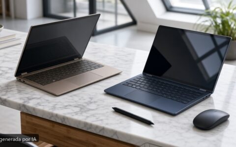 Lenovo Yoga vs HP Spectre 2026 — escena fotográfica realista, imagen generada por IA