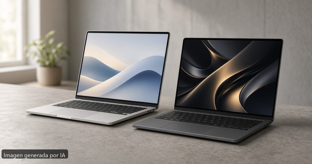 MacBook Air M4 vs Dell XPS 14 — escena fotográfica realista, imagen generada por IA
