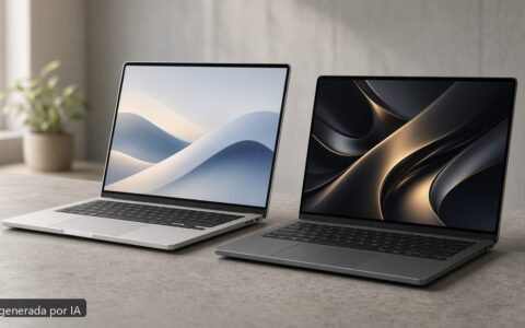 MacBook Air M4 vs Dell XPS 14 — escena fotográfica realista, imagen generada por IA