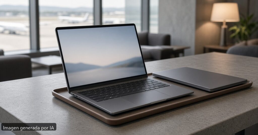 MacBook Air vs ASUS Zenbook 2026 — escena fotográfica realista, imagen generada por IA