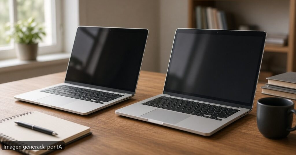 MacBook Air vs MacBook Pro estudiantes — escena fotográfica realista, imagen generada por IA