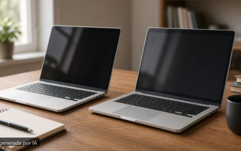 MacBook Air vs MacBook Pro estudiantes — escena fotográfica realista, imagen generada por IA