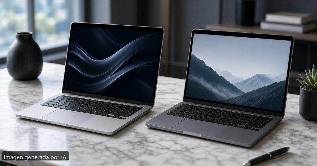 MacBook vs portátil Windows 2026 — escena fotográfica realista, imagen generada por IA