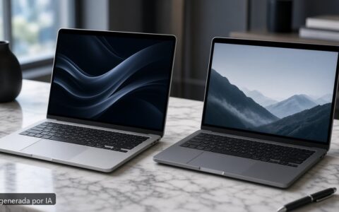 MacBook vs portátil Windows 2026 — escena fotográfica realista, imagen generada por IA