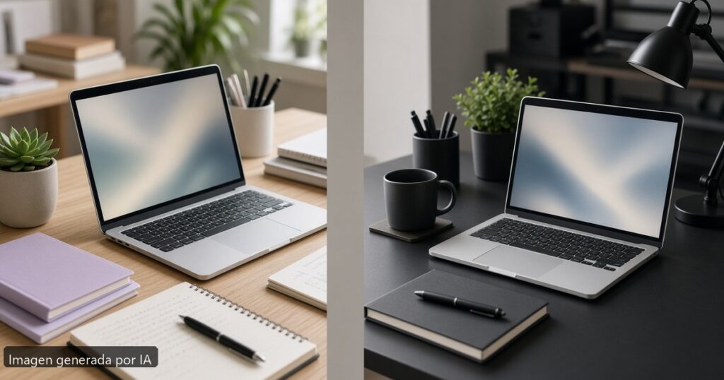 Mejor MacBook Pro estudiantes vs trabajo — escena fotográfica realista, imagen generada por IA