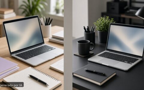 Mejor MacBook Pro estudiantes vs trabajo — escena fotográfica realista, imagen generada por IA