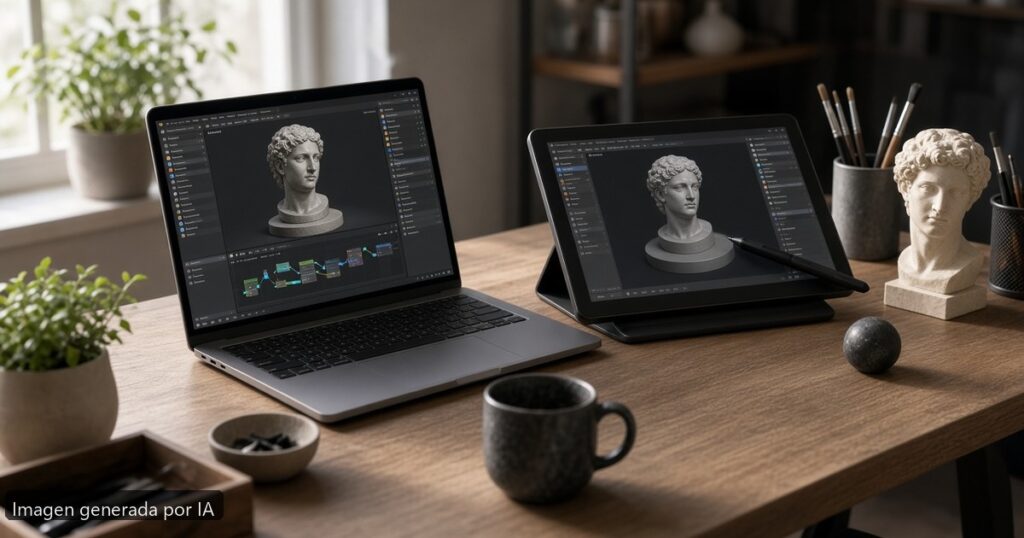 Mejor portátil 3D Blender 2026 — escena fotográfica realista, imagen generada por IA