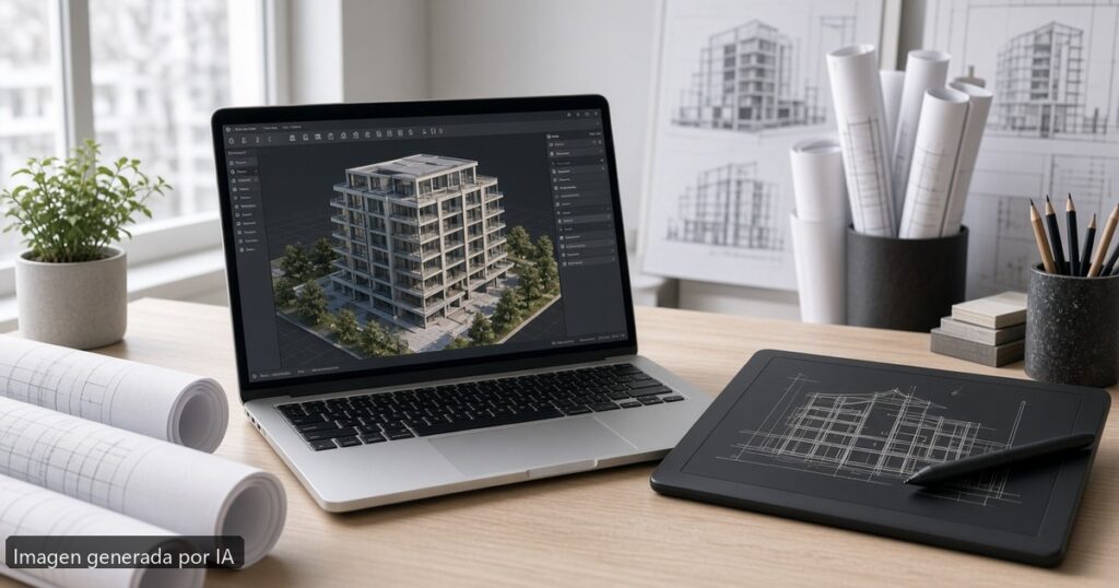 Mejor portátil para arquitectura y BIM 2026 — escena fotográfica realista, imagen generada por IA
