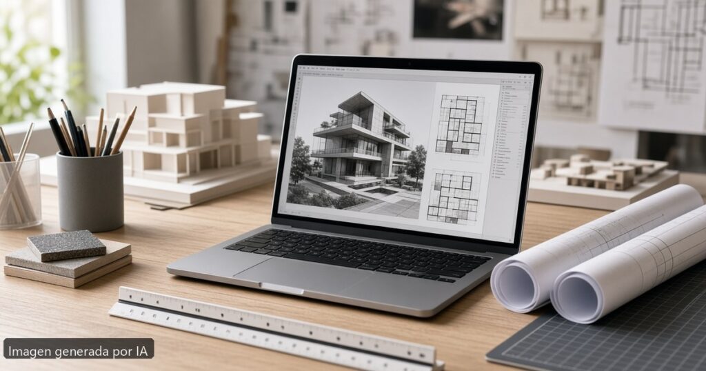 Mejor portátil arquitectura estudiante 2026 — escena fotográfica realista, imagen generada por IA