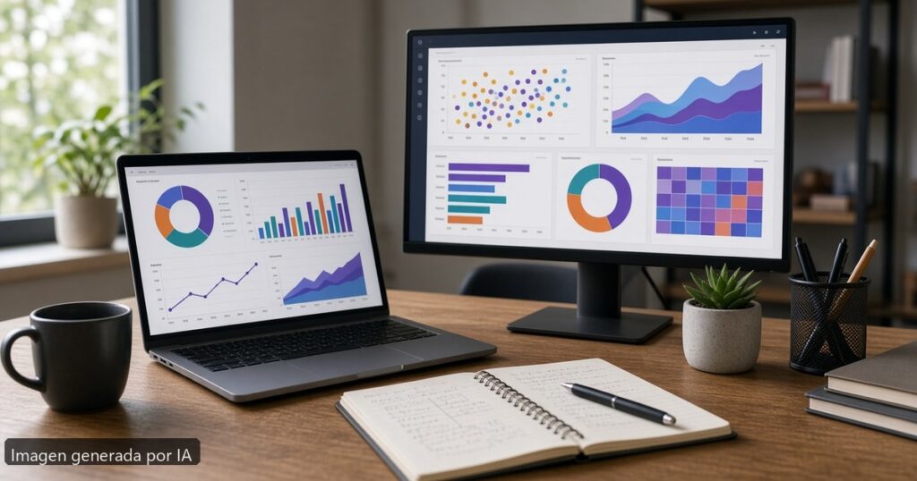 Mejor portátil data analyst Power BI 2026 — escena fotográfica realista, imagen generada por IA