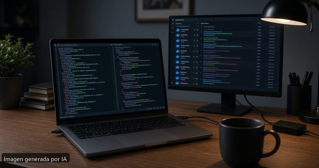 Escritorio de data engineering con portátil y monitor — imagen generada por IA