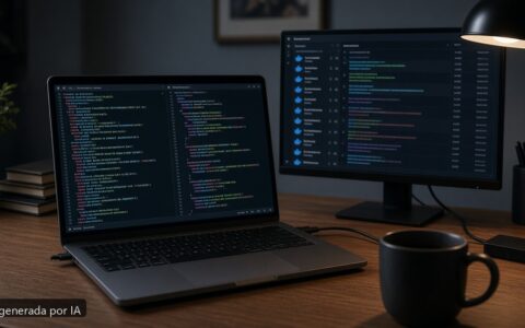 Escritorio de data engineering con portátil y monitor — imagen generada por IA