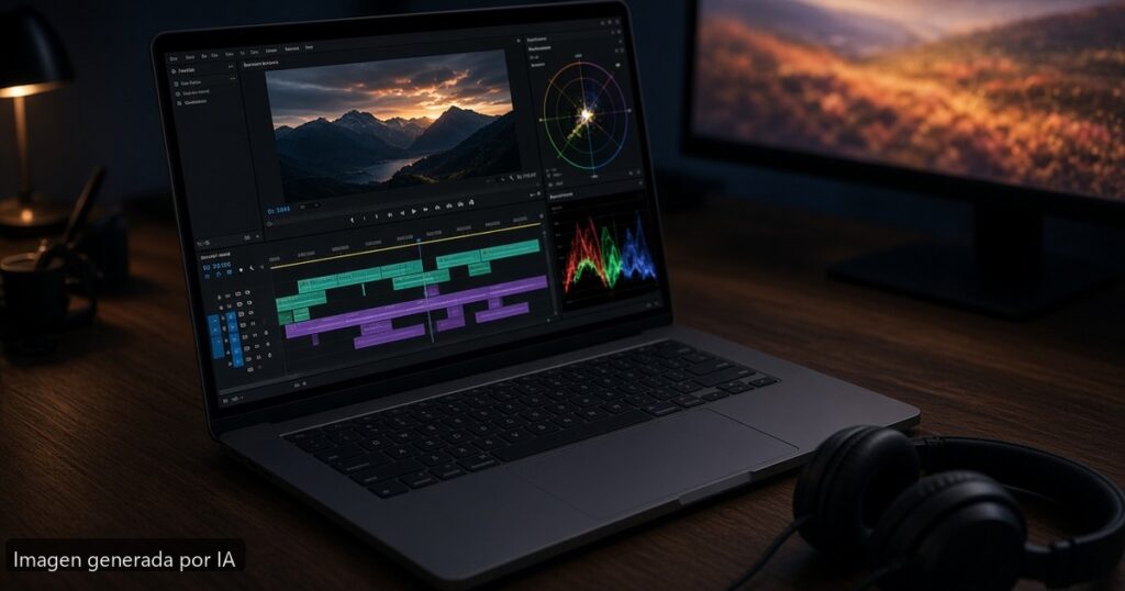Escritorio de edición de vídeo con timeline — imagen generada por IA