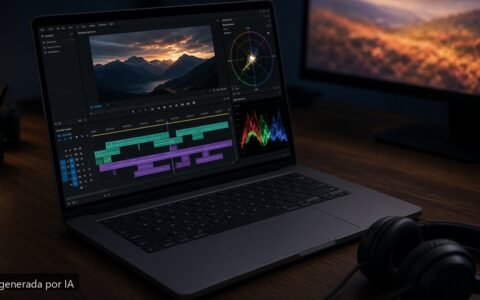 Escritorio de edición de vídeo con timeline — imagen generada por IA