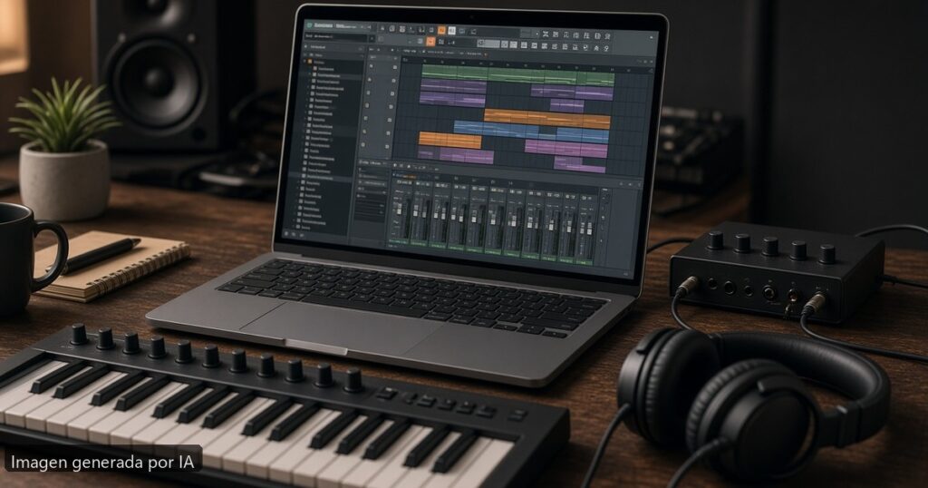 Mejor portátil DAW FL Studio 2026 — escena fotográfica realista, imagen generada por IA