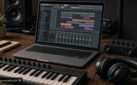 Mejor portátil DAW FL Studio 2026 — escena fotográfica realista, imagen generada por IA