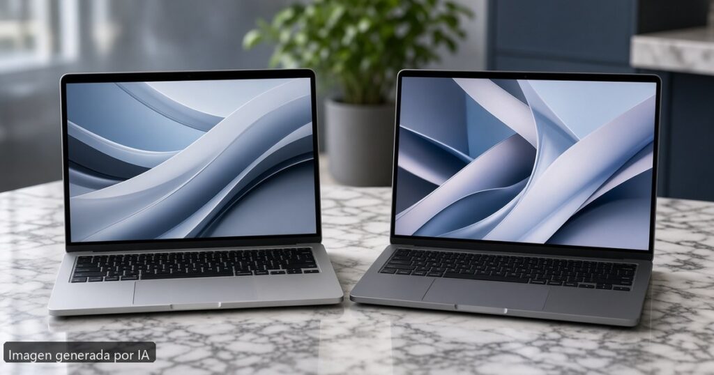 Mejor portátil diseno Apple vs Windows — escena fotográfica realista, imagen generada por IA