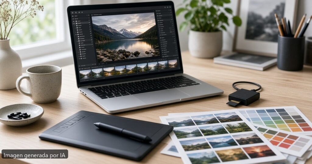 Mejor portátil fotografía Lightroom 2026 — escena fotográfica realista, imagen generada por IA