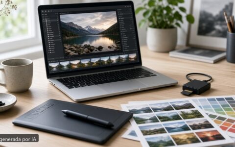 Mejor portátil fotografía Lightroom 2026 — escena fotográfica realista, imagen generada por IA