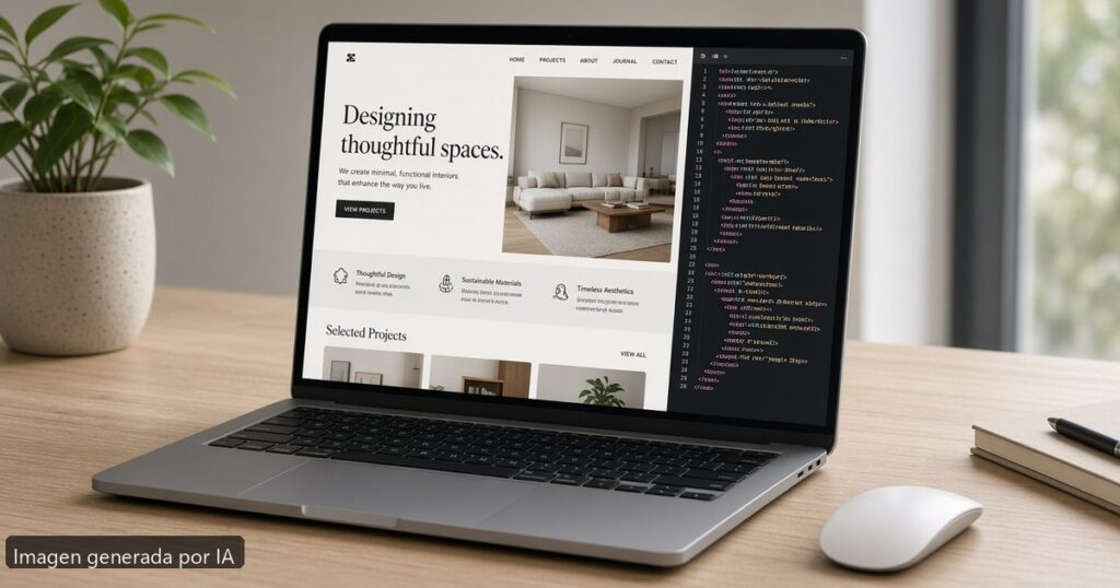 Portátil de desarrollo frontend con maqueta web — imagen generada por IA