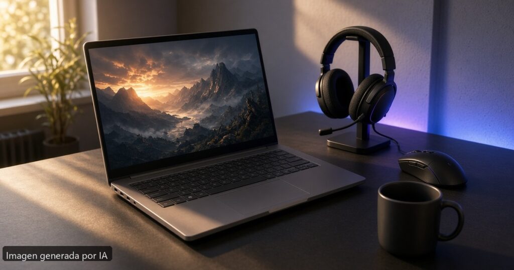 Mejor portátil gaming 800 euros 2026 — escena fotográfica realista, imagen generada por IA