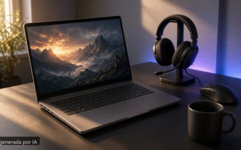 Mejor portátil gaming 800 euros 2026 — escena fotográfica realista, imagen generada por IA