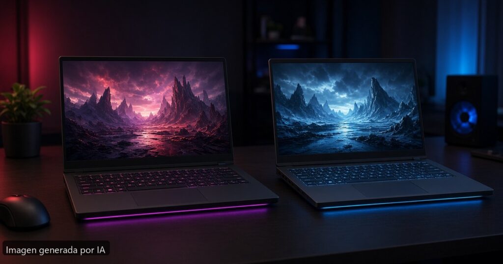 Mejor portátil gaming AMD vs Intel — escena fotográfica realista, imagen generada por IA