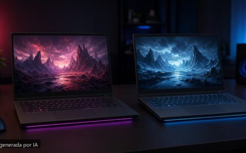 Mejor portátil gaming AMD vs Intel — escena fotográfica realista, imagen generada por IA