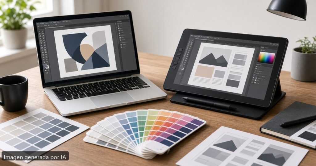 Mejor portátil Illustrator InDesign 2026 — escena fotográfica realista, imagen generada por IA