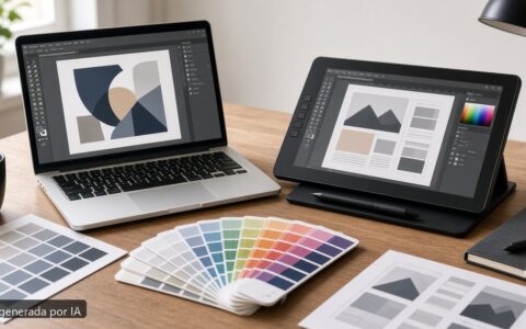 Mejor portátil Illustrator InDesign 2026 — escena fotográfica realista, imagen generada por IA