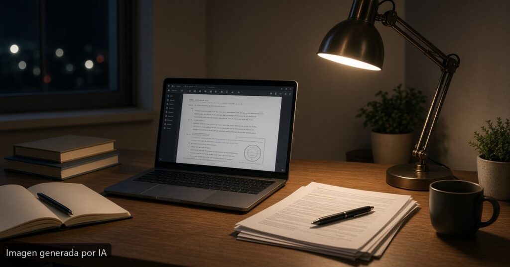 Escritorio de estudio para oposiciones con portátil — imagen generada por IA