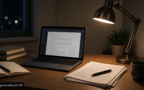 Escritorio de estudio para oposiciones con portátil — imagen generada por IA