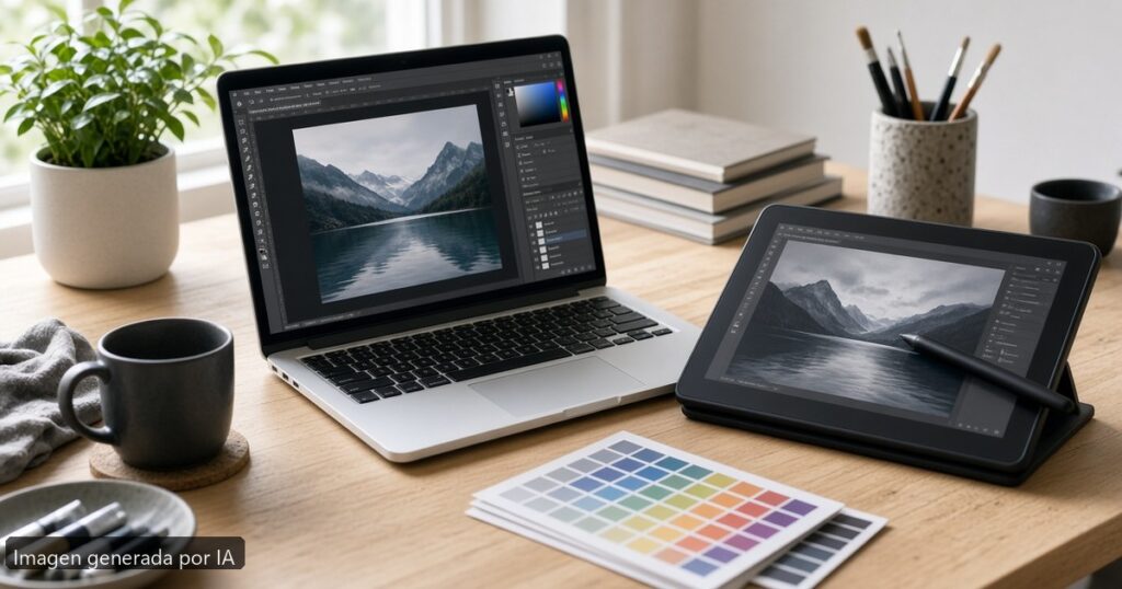 Mejor portátil Photoshop 2026 — escena fotográfica realista, imagen generada por IA